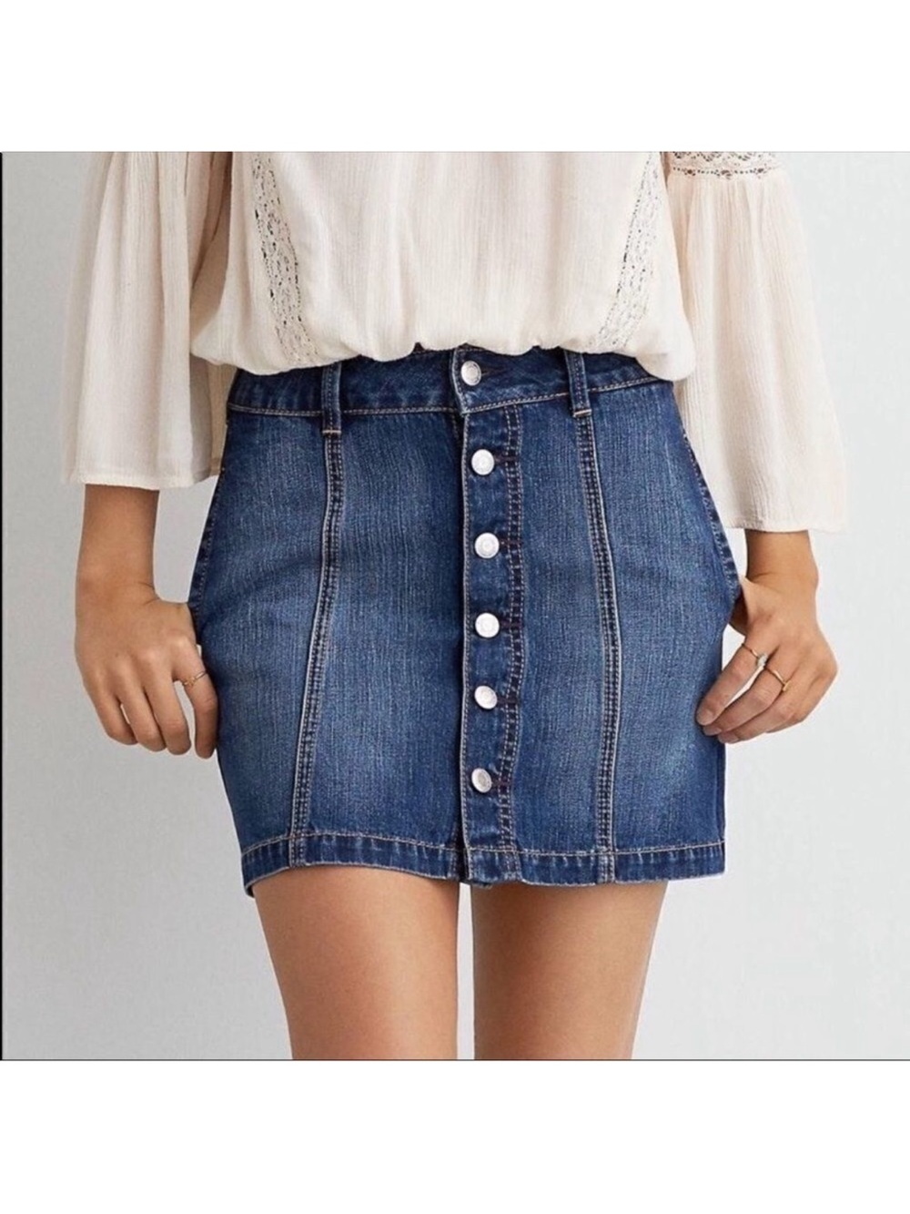 AE 8 Mini Stretch Denim Blue Medium Wash Skirt Button Front A-Line